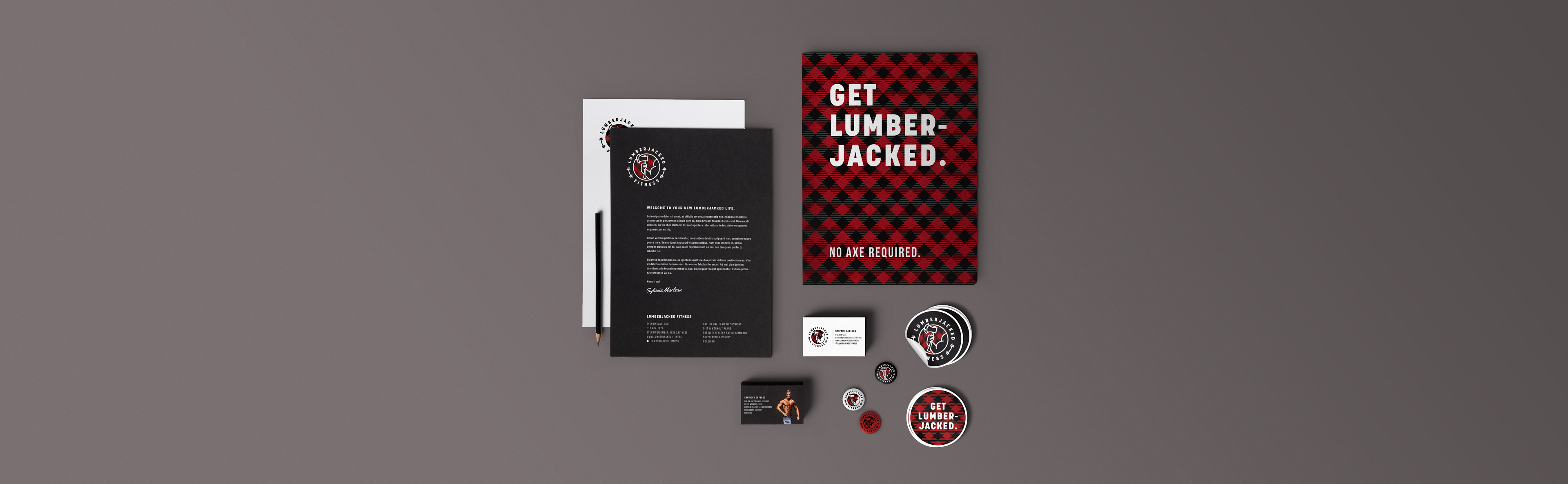 Branded stationery design with Lumberjacked Fitness logo