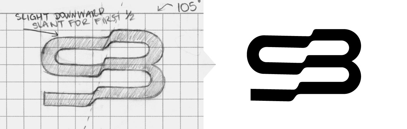 Process step three &#58; Handsketch of warped SB shape and resulting logo
