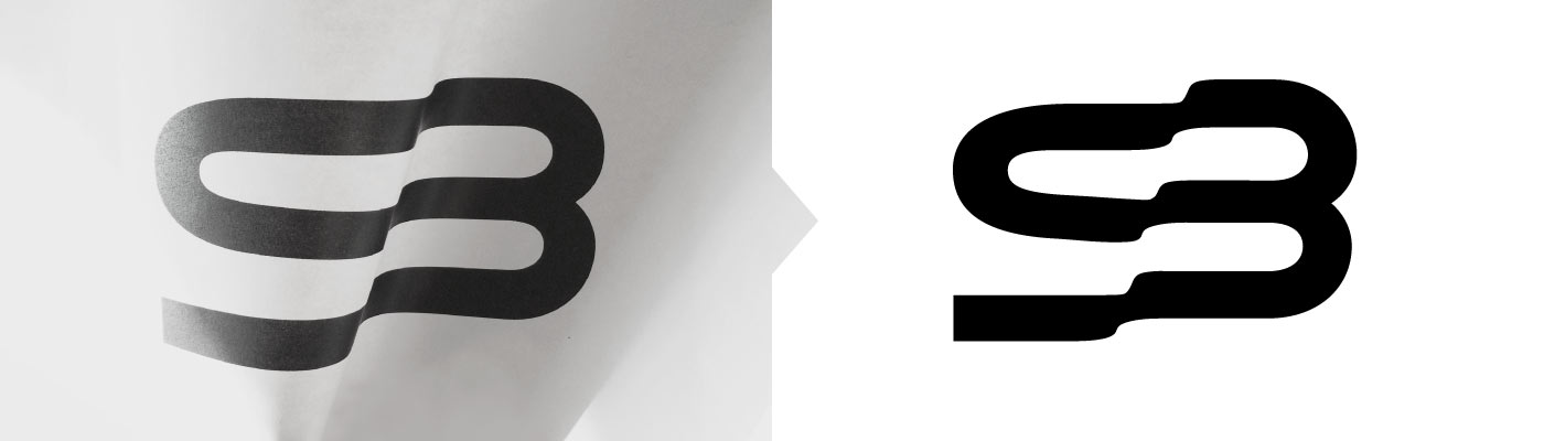 Process step two &#58; Manually warped SB shape on paper and resulting logo