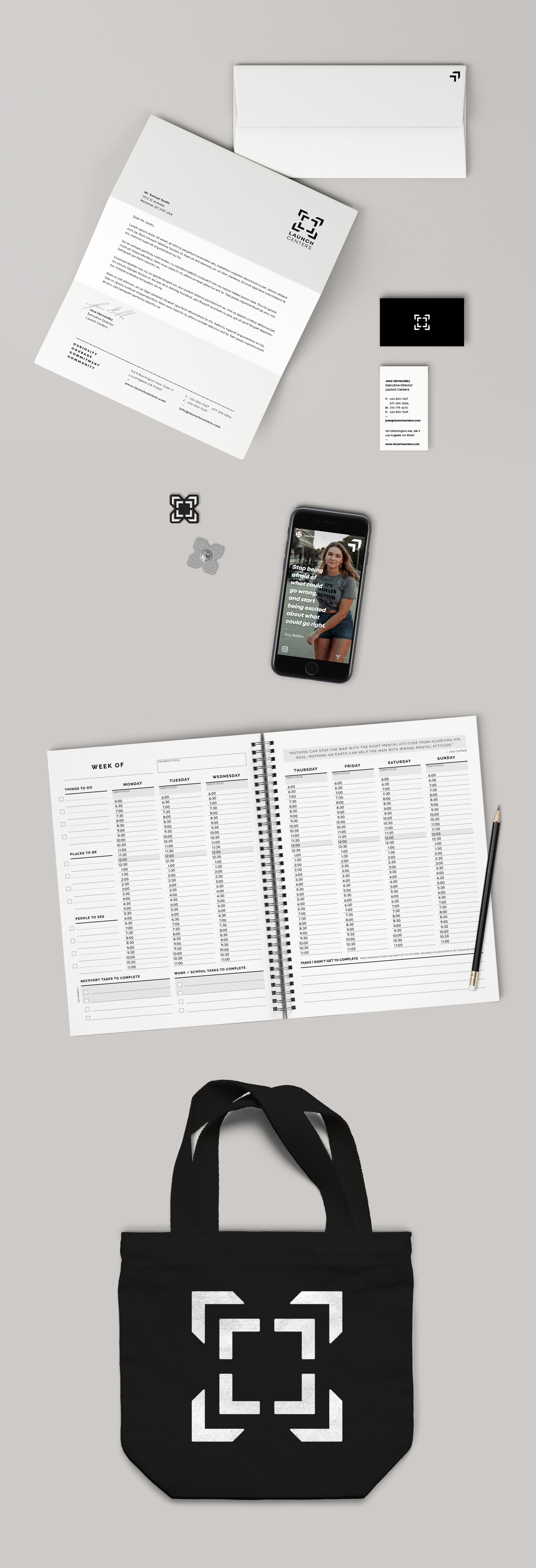 Stationery and brand collateral showcasing the new Launch logo design